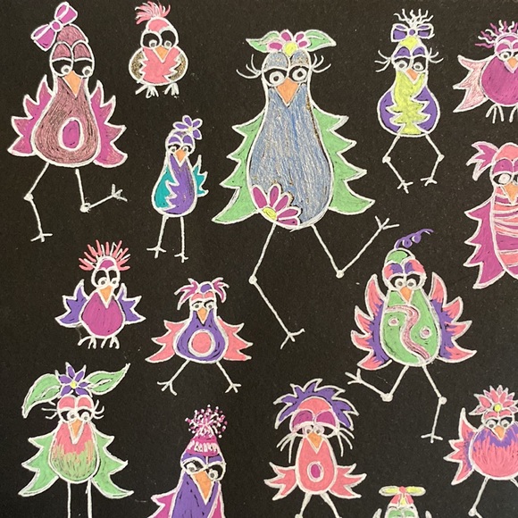 Unframed Original Art in Gel Pen on Black Paper Flocking Strange Birds - Picture 3 of 9